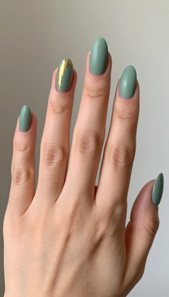 Almond nails in matte sage green with gold leaf accent on ring finger
