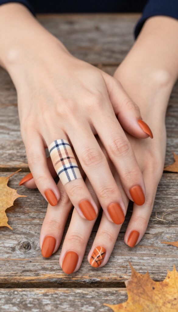 Pumpkin patch plaid nails with matte burnt orange base and navy, cream, black grid lines on short squoval nails