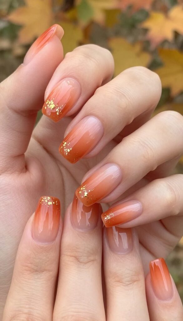Burnt orange ombré nails with gold flakes on medium almond shape