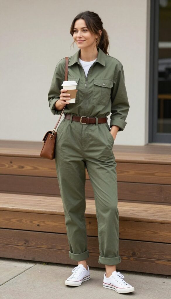 6. Utility Jumpsuit & White Sneakers