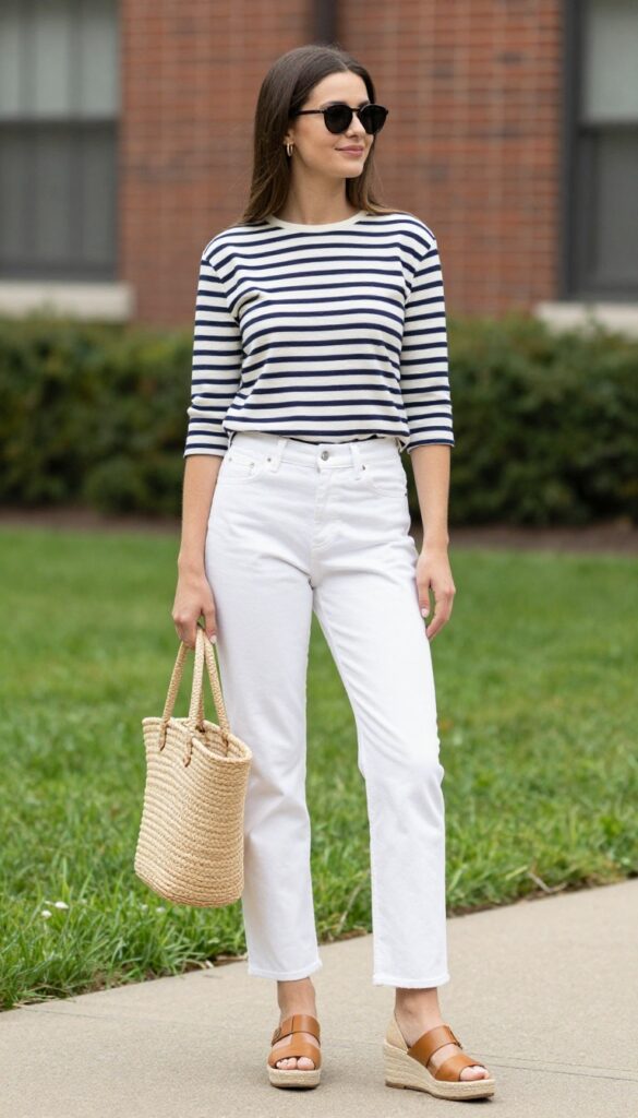 7. Striped Breton Top with White Jeans
