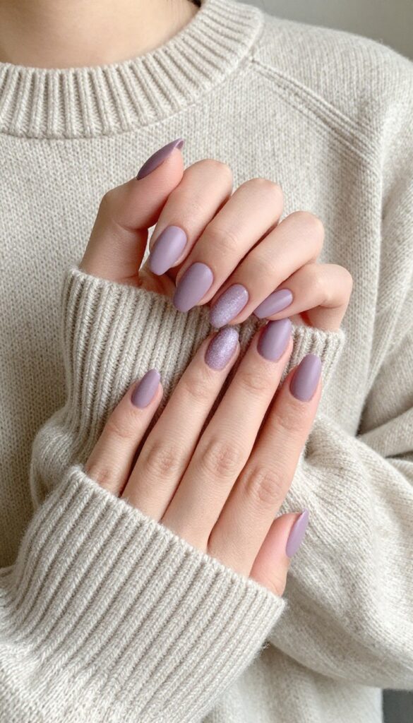 Soft dusty lavender matte nails on short almond shape, resting on a cozy sweater