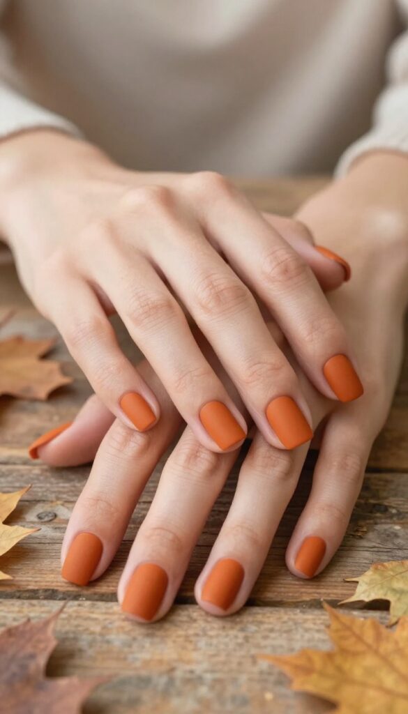 Short square nails with burnt orange matte polish, fall manicure
