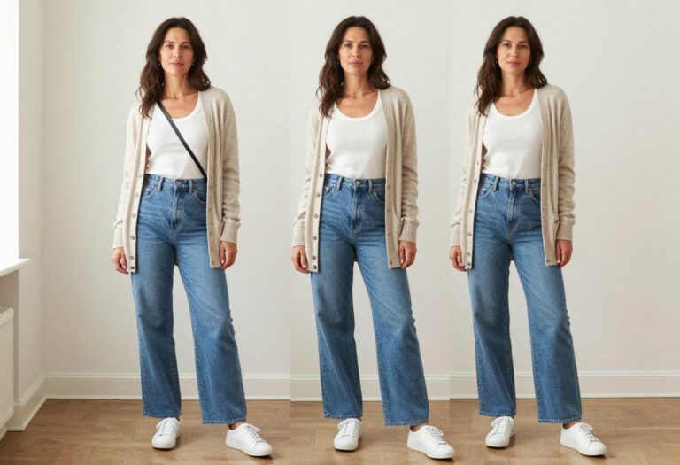 Woman in soft cardigan, tank, and wide-leg jeans standing in living room