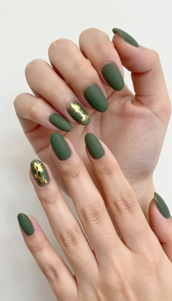Olive green nails with gold foil accents, almond shape, matte finish, fall manicure
