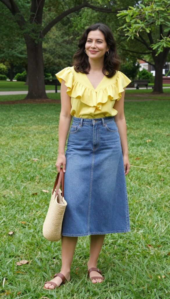 10. Denim Skirt with a Ruffled Blouse