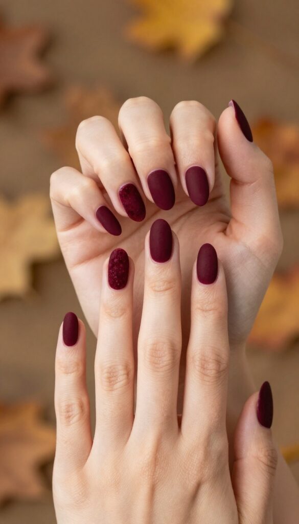 Burgundy velvet matte nails on almond-shaped nails, deep maroon fall manicure