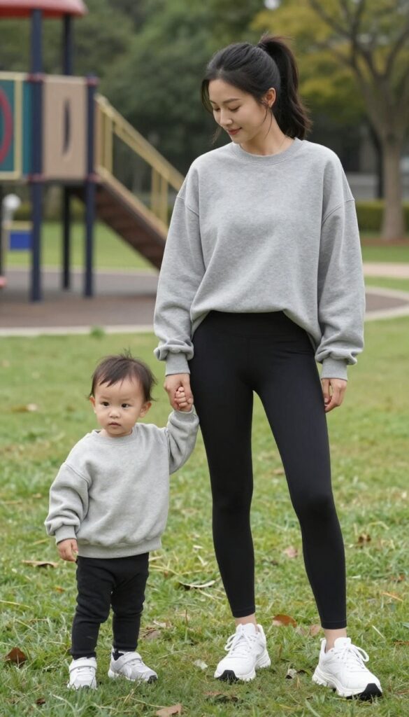 1. High-Waisted Leggings + Oversized Sweatshirt + Chunky Sneakers