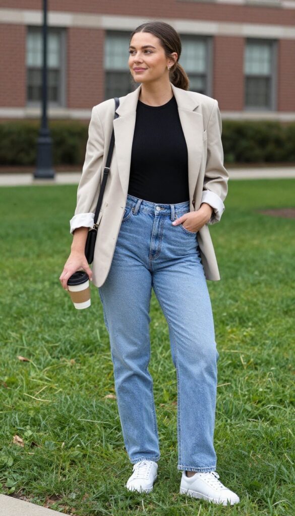 7. Bodysuit + High-Waisted Jeans + Blazer