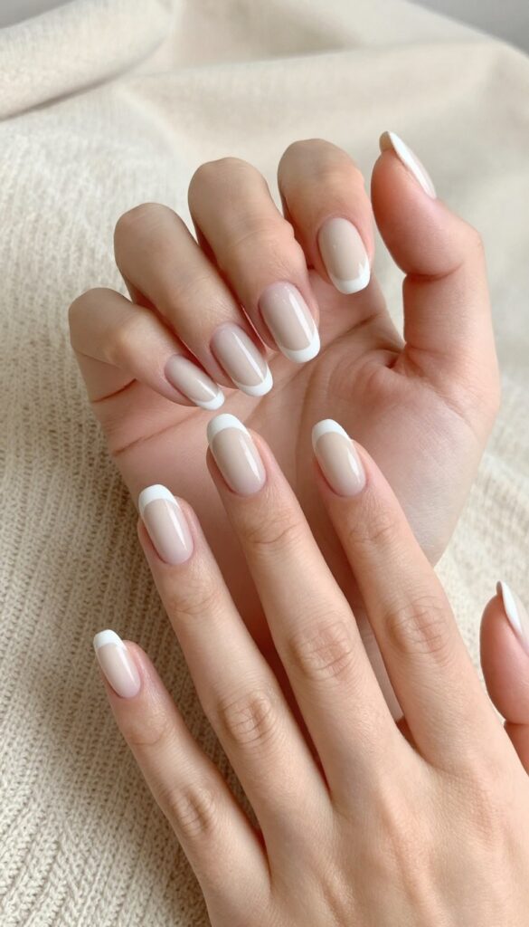 Classic French dip nails with matte finish and glossy tips for fall