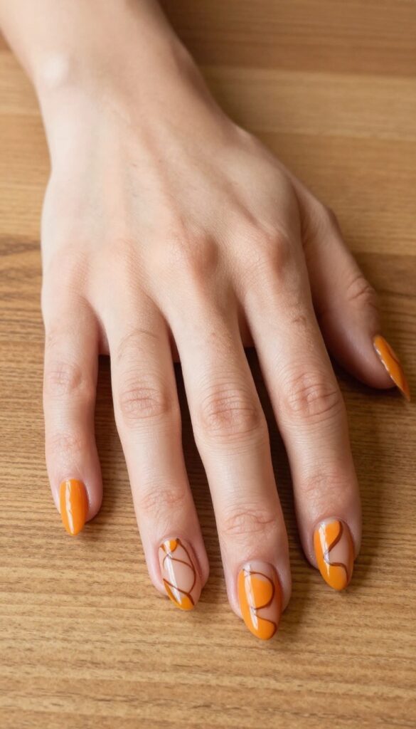 Brown and orange abstract swirl nails on almond shape