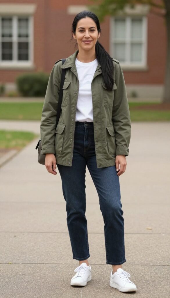 7. Utility Jacket with a Graphic Tee and Dark Wash Jeans