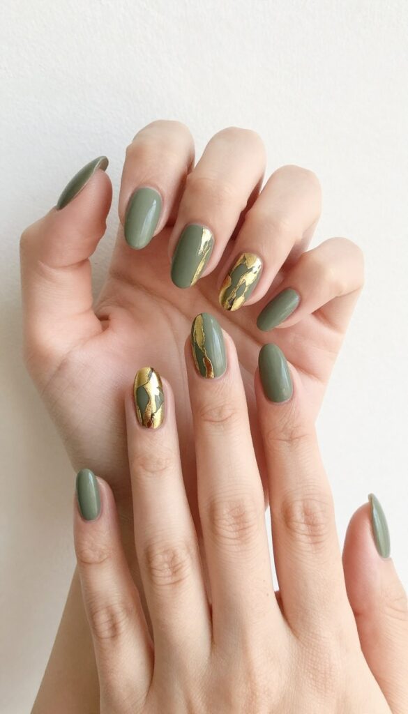 Olive green nails with abstract gold streaks on almond shape