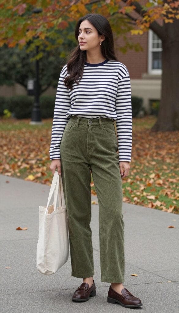 6. Corduroy Pants with a Striped Tee and Loafers