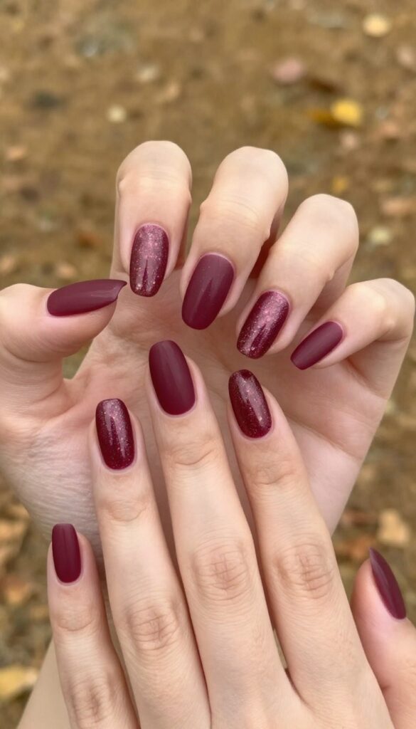 Dusted berry gel nails with matte finish and iridescent glitter center