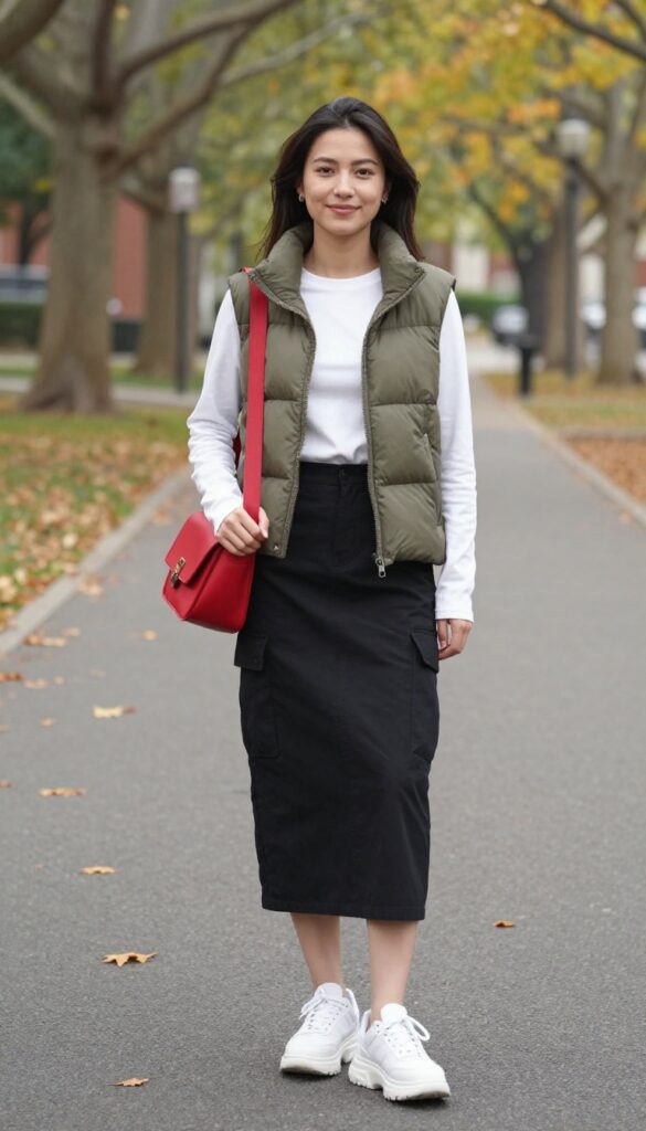 15. Puffer Vest with Long-Sleeve Tee and Cargo Skirt