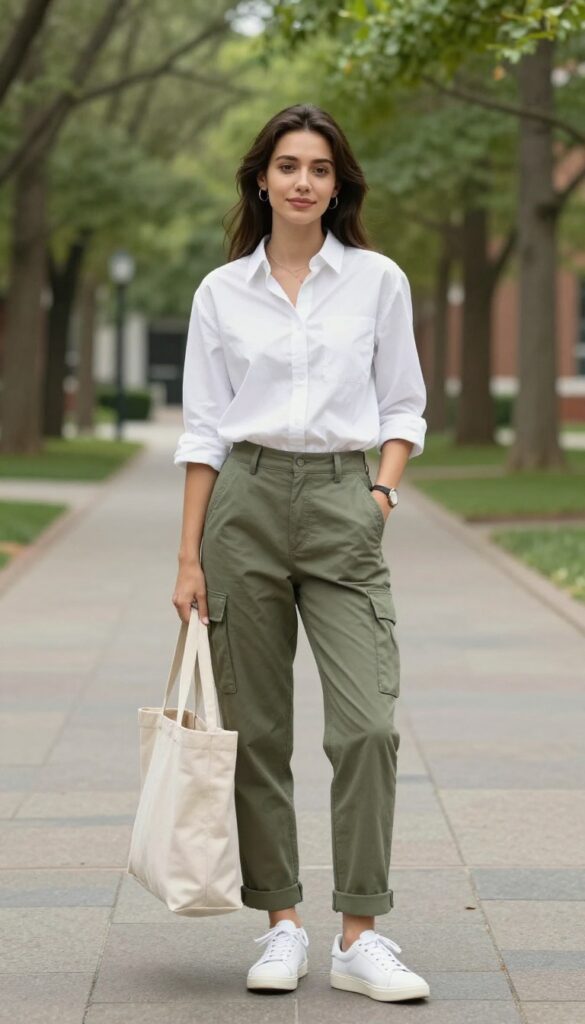 8. Button-Down Shirt + Cargo Pants + Clean White Sneakers