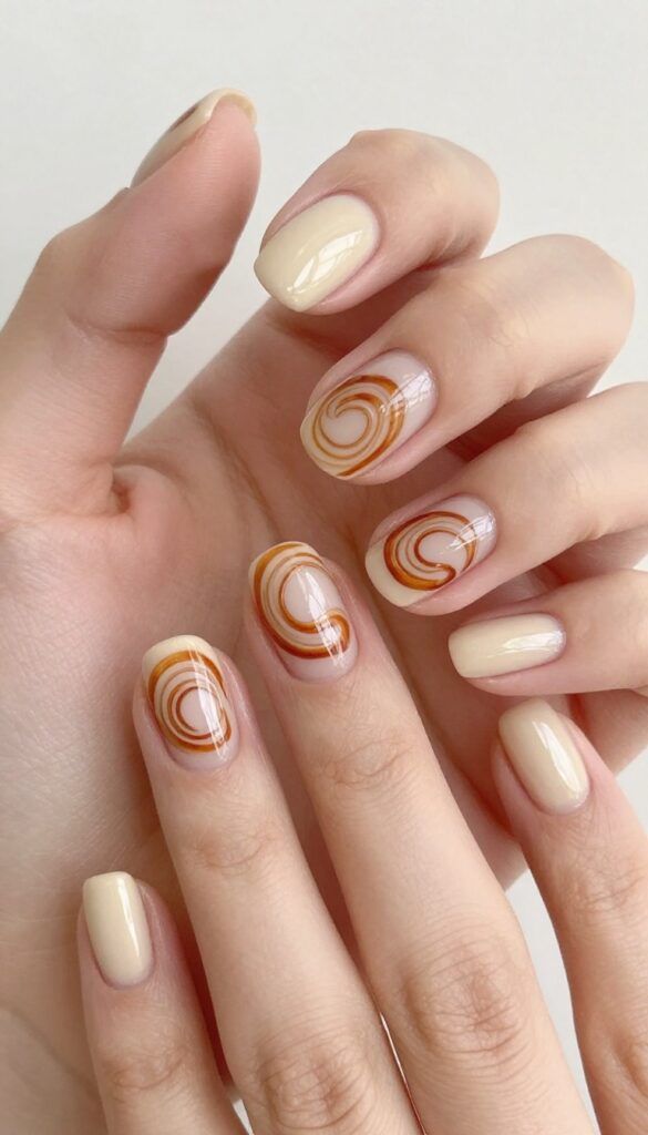 Cinnamon swirl nails on short nails with nude base and brown and orange swirls