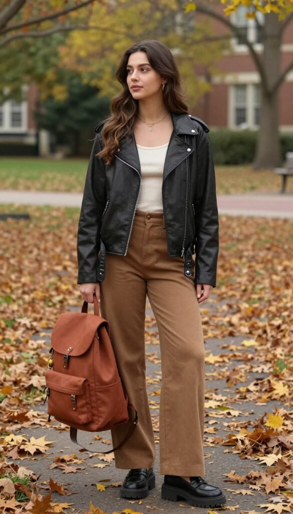 10. Leather Jacket and Wide-Leg Trousers