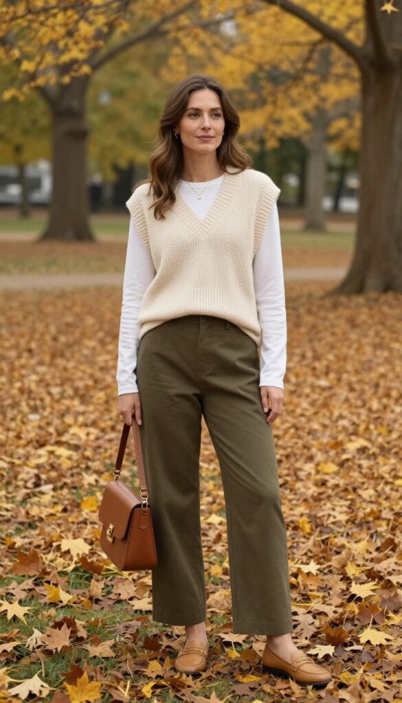 4. Knit Vest + Long-Sleeve Tee + Wide-Leg Trousers