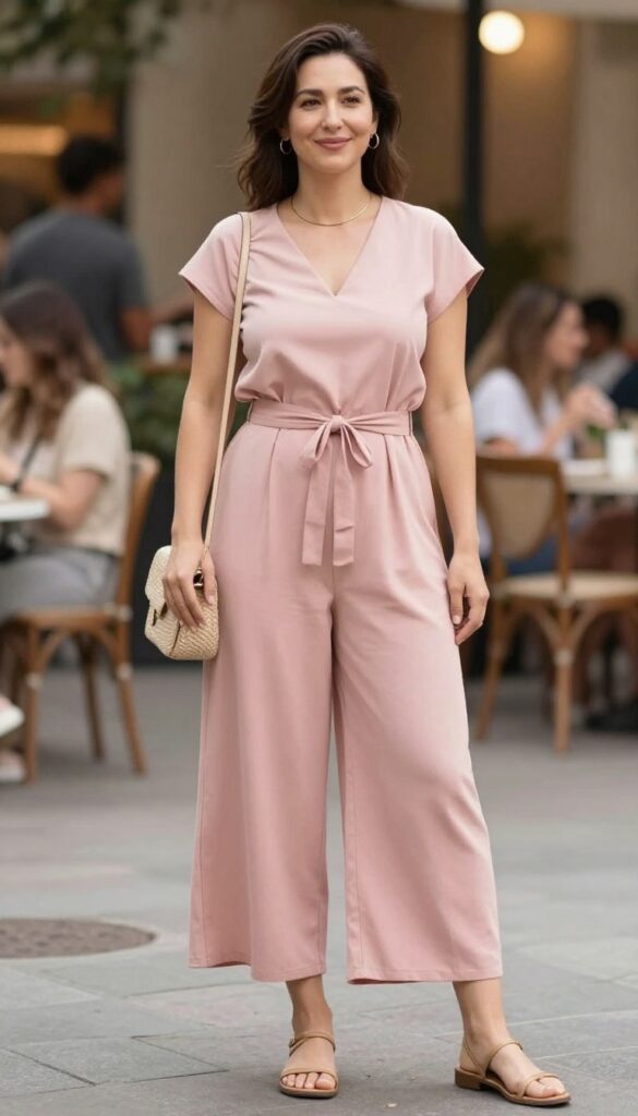 4. Pastel Pink Jumpsuit with Strappy Sandals