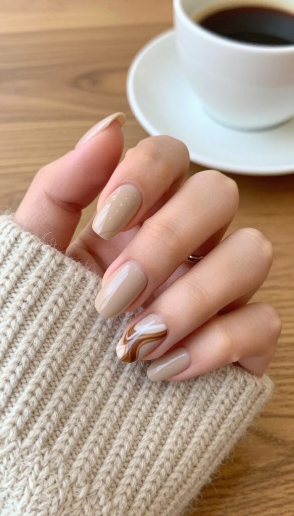 Mocha swirl nails design with warm nude base and brown and white marbled swirls on short almond-shaped nails, glossy finish.