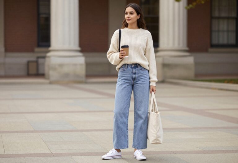 Young woman in cream sweater and wide-leg jeans on campus
