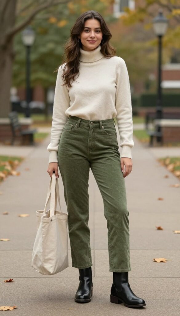 10. Corduroy Pants + Turtleneck + Ankle Boots