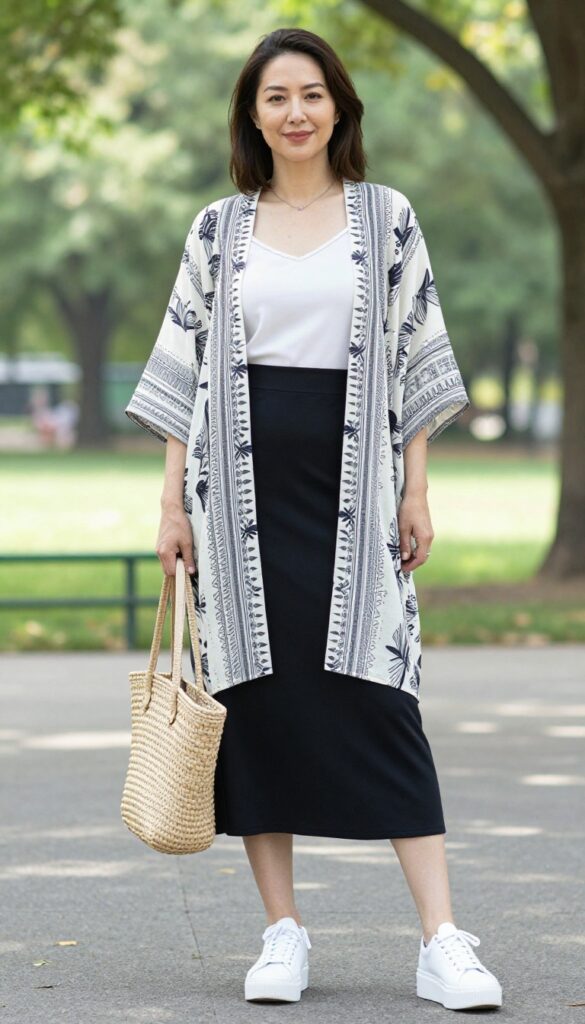 7. Open-Front Kimono Over a Slip Dress and Sneakers
