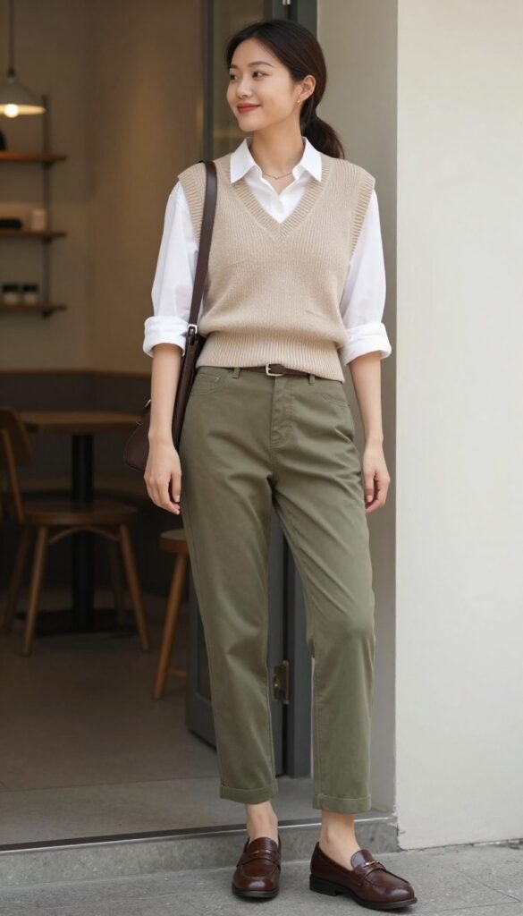 5. Knit Vest + Button-Down Shirt + Chinos + Loafers