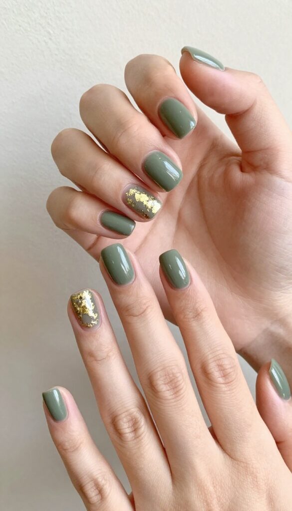 Short square nails in muted olive green with gold foil accents