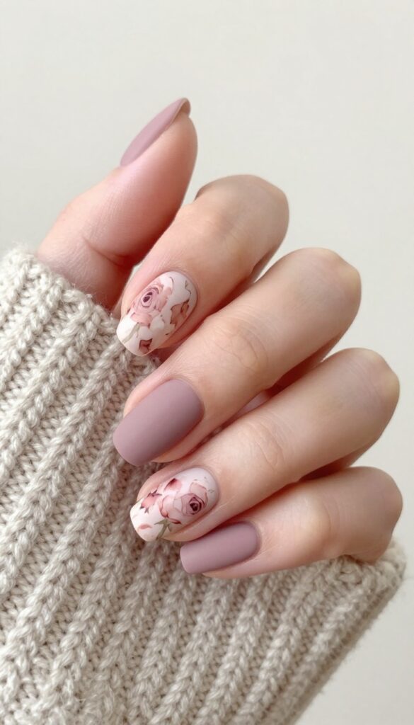 Matte mauve nails with soft watercolor rosebud accents