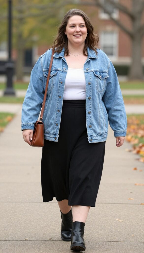 4. Oversized Denim Jacket + Midi Skirt + Ankle Boots