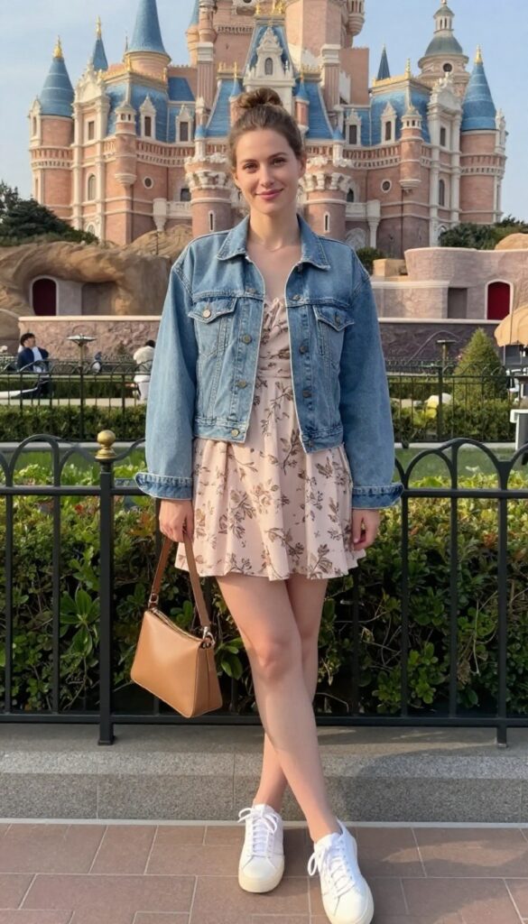 4. Denim Jacket + Sundress + White Sneakers