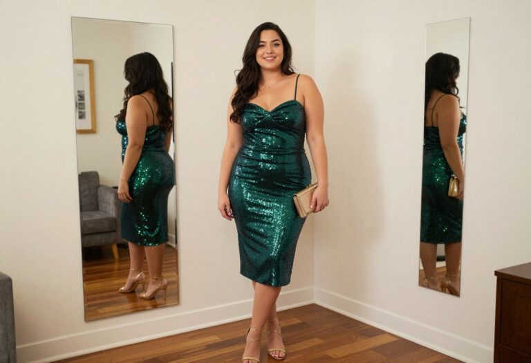 Plus size woman in emerald sequin midi dress with gold heels and clutch, standing in a decorated living room for 21st birthday.