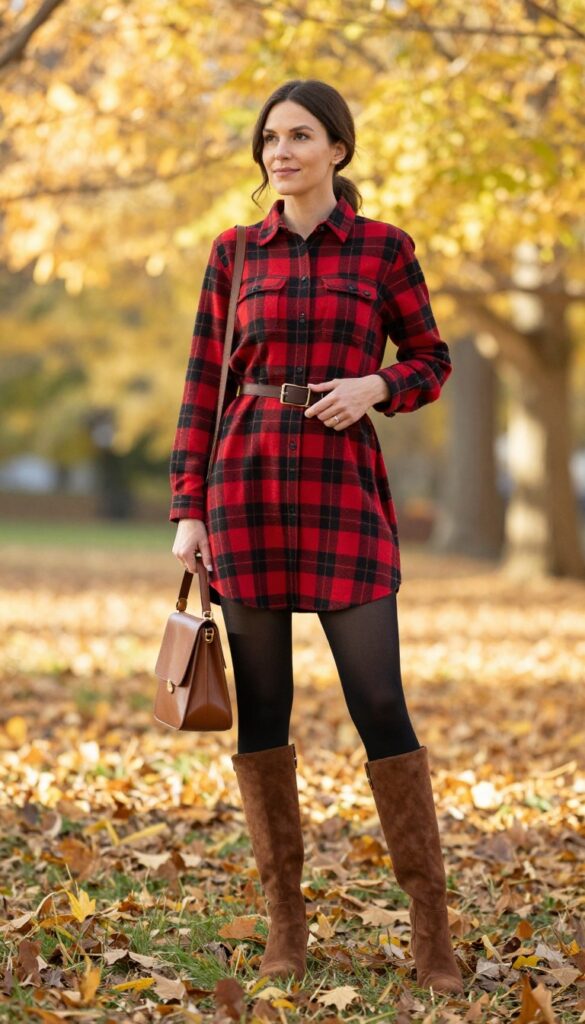 3. Plaid Shirt Dress + Belt + Tights + Knee-High Boots