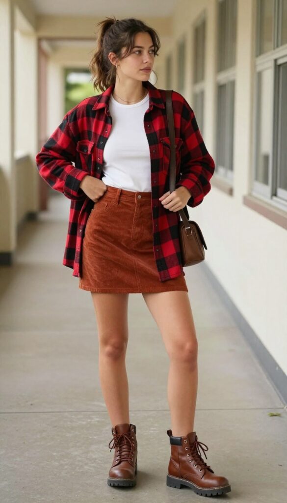 10. Flannel Shirt + Corduroy Skirt + Hiking Boots