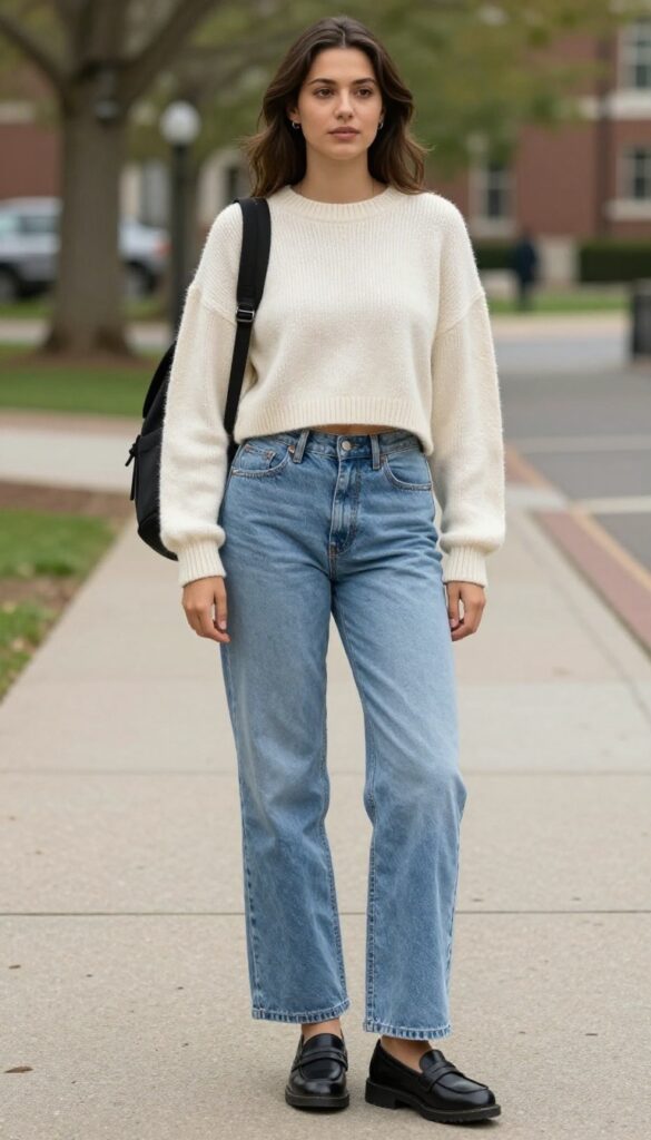 5. Wide-Leg Jeans + Cropped Sweater + Loafers