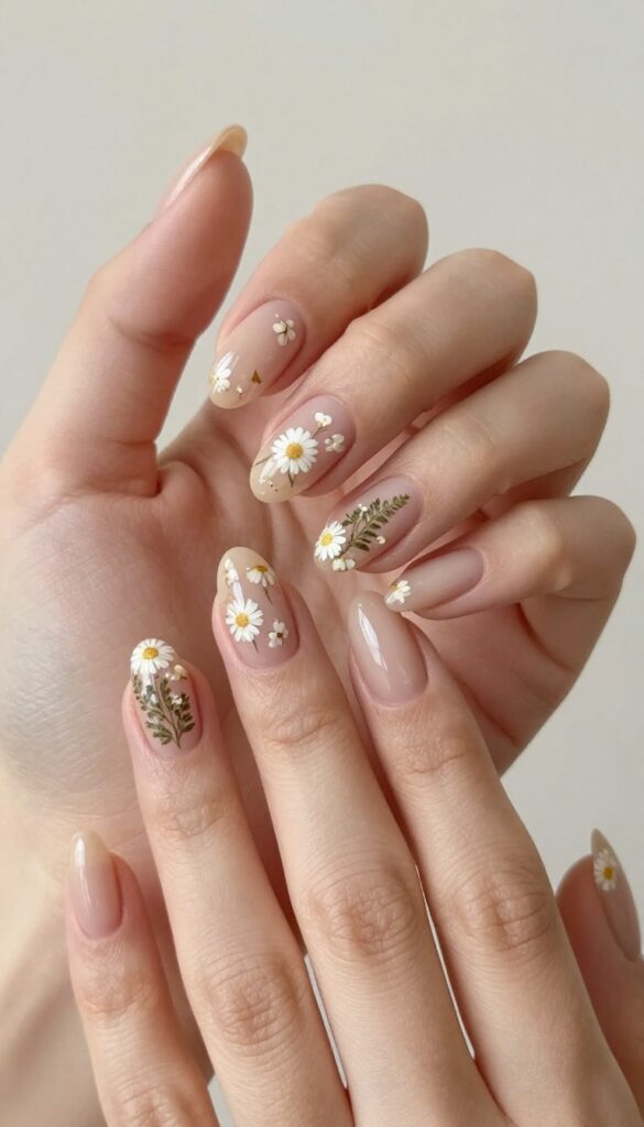 Pressed petal accent nails with sheer nude base and tiny dried flowers