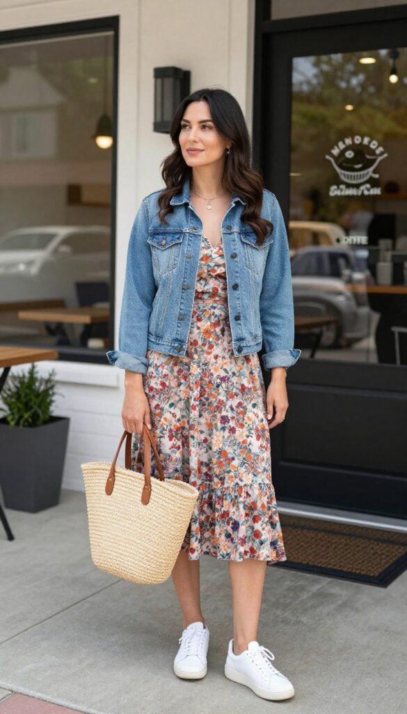 2. Denim Jacket + Midi Dress