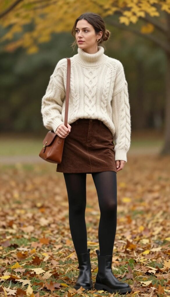 6. Chunky Cable-Knit Sweater + Corduroy Mini Skirt + Tights + Chelsea Boots