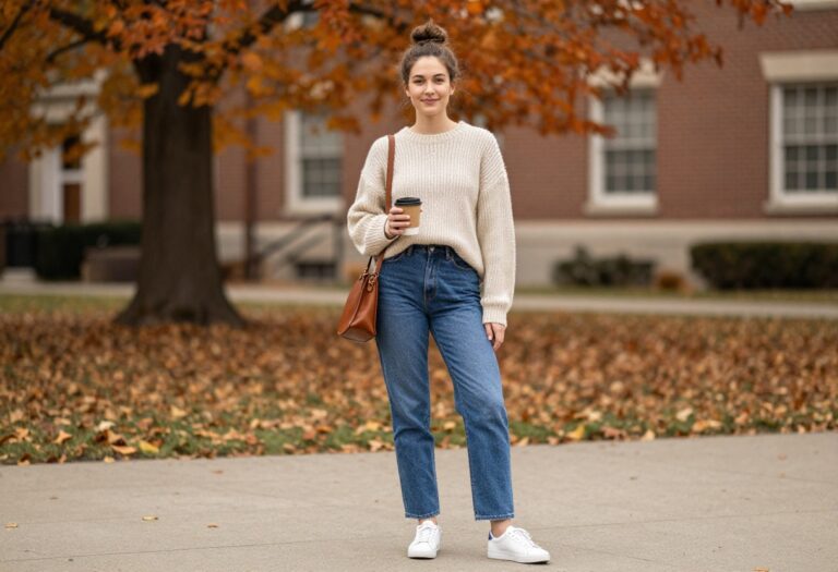 College student wearing cozy knit sweater and jeans on campus