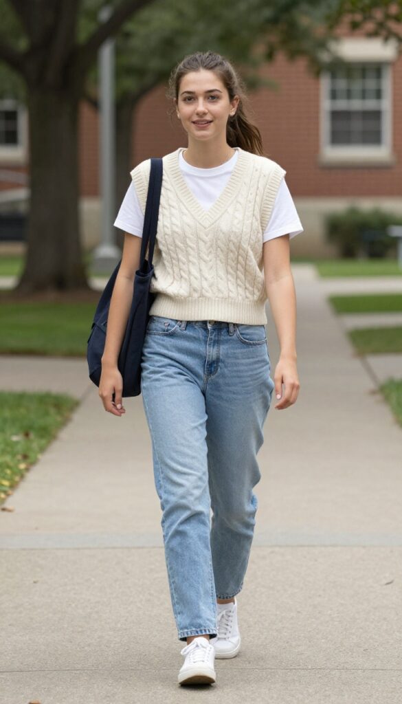 6. Cable-Knit Vest with White Tee and Jeans
