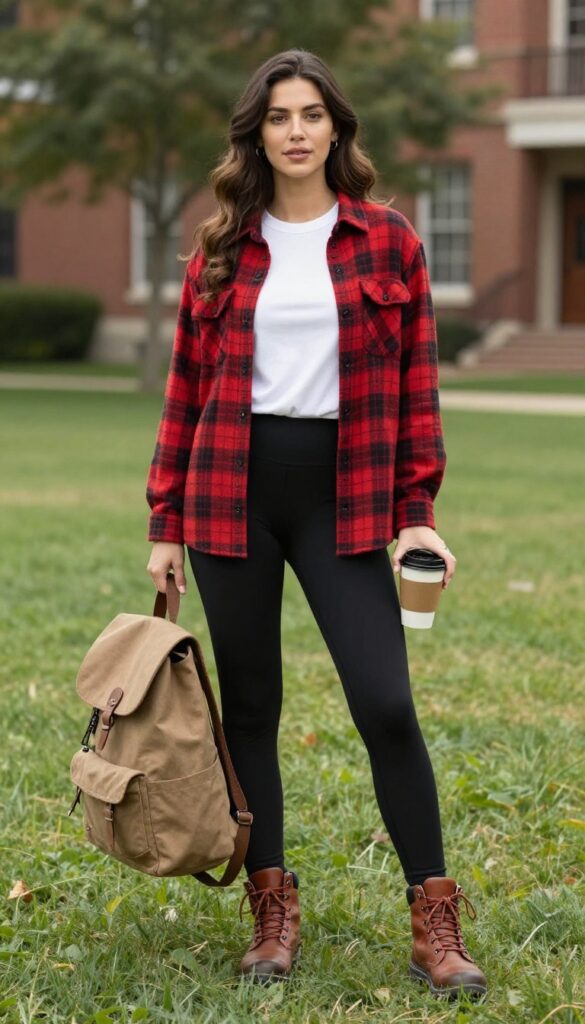 10. Flannel Shirt + Black Leggings + Hiking Boots