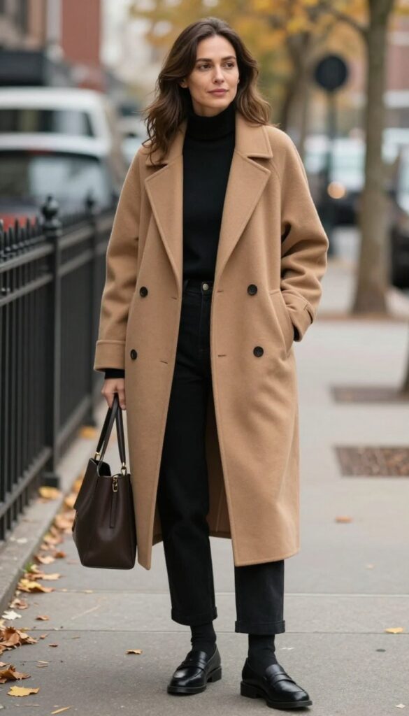 4. Camel Wrap Coat + Turtleneck + Wide-Leg Trousers + Loafers