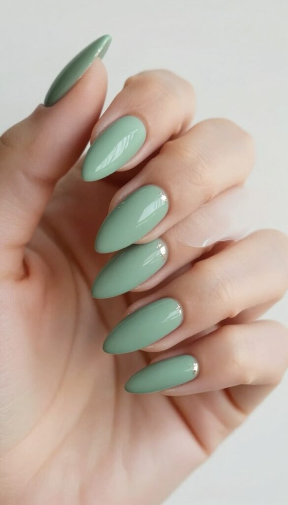 Sage green stiletto nails with gold foil accents
