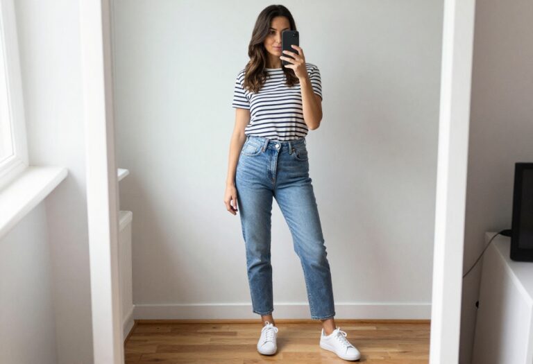 A mom in casual outfit with mom jeans, striped tee, and white sneakers, holding a coffee cup in a bright room.