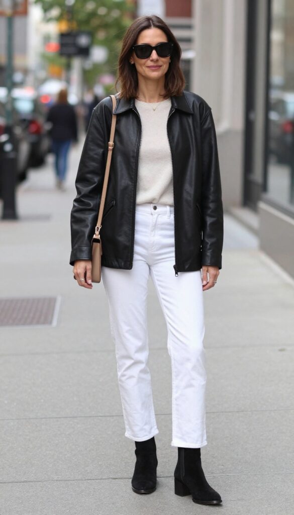 9. The Leather Jacket + White Jeans + Ankle Boots