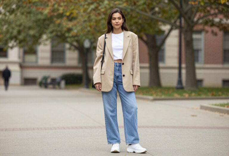 Young woman in oversized beige blazer, cropped tee, wide-leg jeans, and chunky sneakers on a university campus.