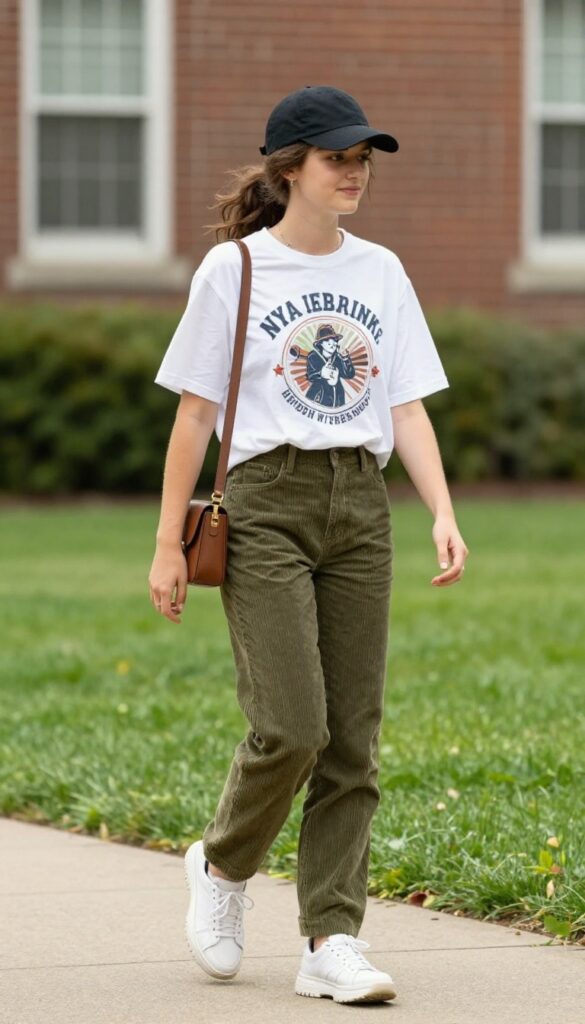 3. Graphic Tee with Corduroy Pants and Sneakers